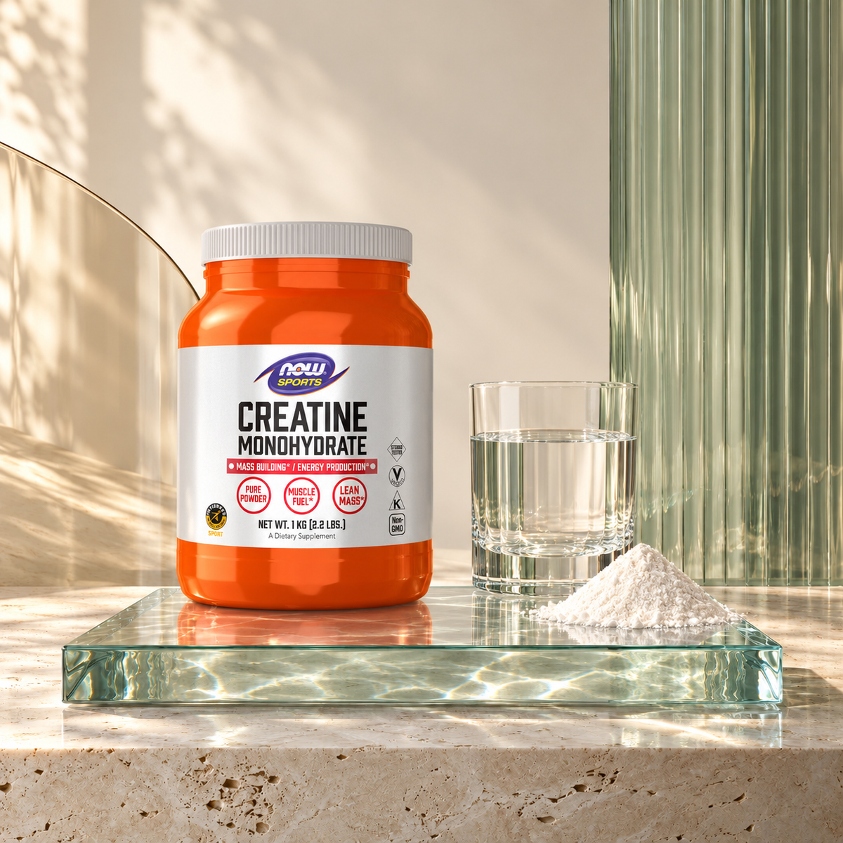 NOW Sports Creatine Monohydrate — 1 kg pack and mixing routine on Zeniqas glass background