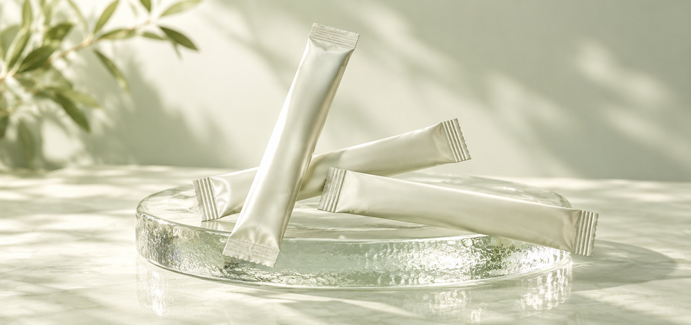 Unbranded single-serving stick packs arranged on frosted glass