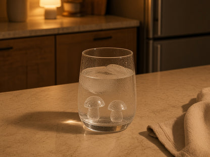 Mushroom ice in a glass on a kitchen counter