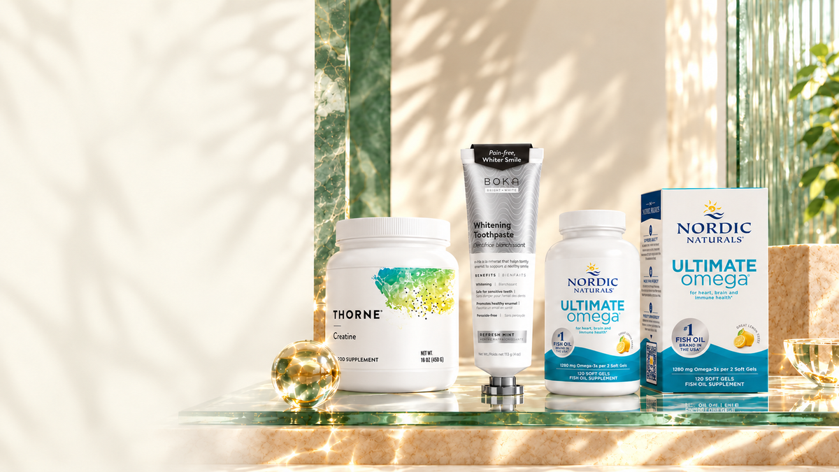 Boka, Thorne and Nordic Naturals together on a sunlit glass shelf
