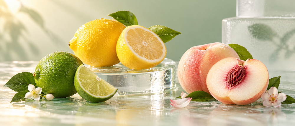 Lemon, lime and white peach arranged on clear glass