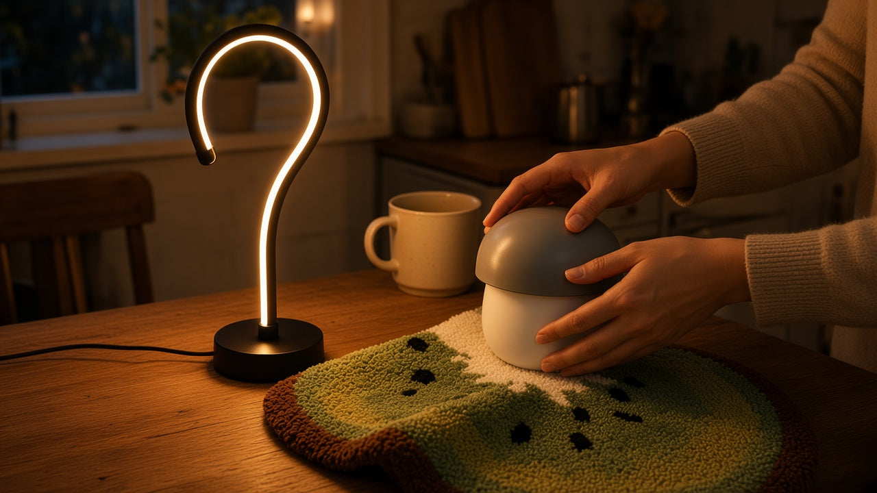 The Question Mark Lamp, Mushroom Ice Mold, and Fruit Bath Mat